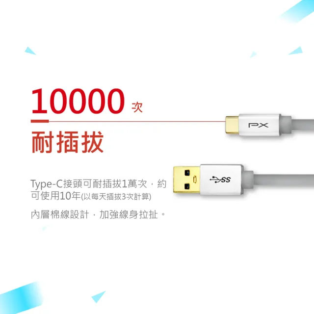 【PX 大通】2入組3年保固type c充電線 手機線 傳輸線USB 手機 筆電 蘋果 充電頭(UAC3-1B 1G 1W)