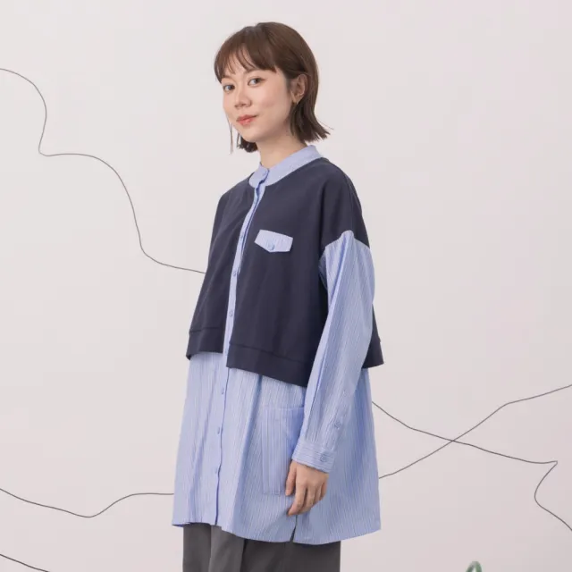 【MOSS CLUB】假兩件棉T背心條紋襯衫上衣(藍 綠)