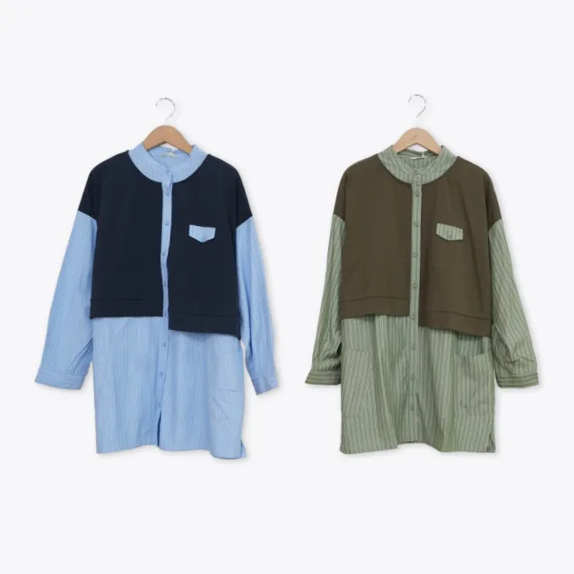 【MOSS CLUB】假兩件棉T背心條紋襯衫上衣(藍 綠)