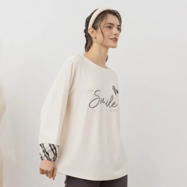 【MASTINA】袖口拚格絨面長袖T(米 灰/魅力商品)