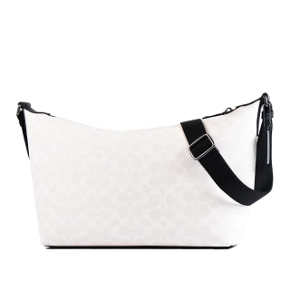 【COACH】中性款 Finn 緹花LOGO防刮拉鍊斜背包-白色