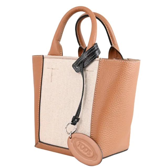 【TOD’S】TODS Double Up 品牌鑰匙吊飾牛皮拼接迷你手提兩用包(米咖)