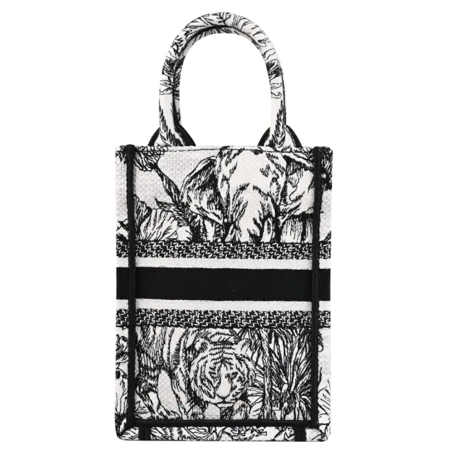 【Dior 迪奧】Book Tote 經典LOGO滿版刺繡帆布迷你手提包托特包兩用包(黑白)