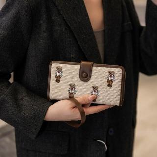 【Sp house】可愛小熊刺繡帆布長夾錢包皮夾(3色可選)