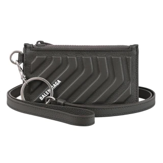 【Balenciaga 巴黎世家】簡約LOGO浮雕斜背頸掛牛皮信用卡證件零錢包(黑)