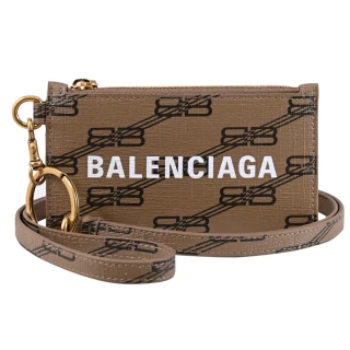 【Balenciaga 巴黎世家】品牌滿版雙B斜背頸掛牛皮信用卡證件零錢包(咖)