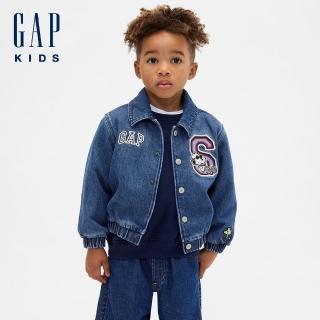 【GAP】男幼童裝 Gap x Snoopy史努比聯名 Logo刺繡翻領長袖牛仔外套-深色水洗(845165)