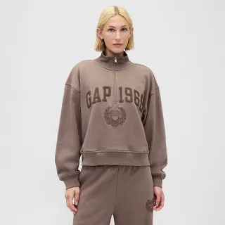 【GAP】女裝 Logo刺繡翻領長袖上衣-褐色(852841)