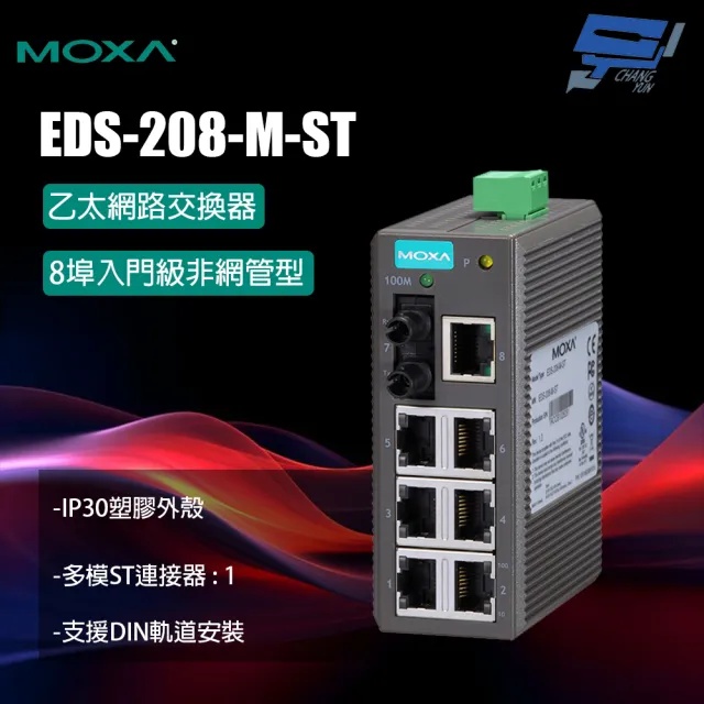 【CHANG YUN 昌運】MOXA EDS-208-M-ST 8埠入門級非網管型 乙太網路交換器 多模ST連接器