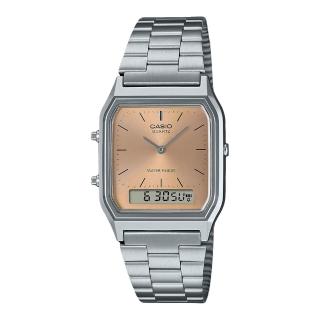 【CASIO 卡西歐】復古潮流 雙顯錶 香檳粉 不鏽鋼錶帶 生活防水 AQ-230A(AQ-230A-4A)