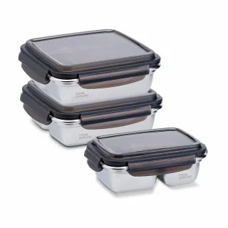 【CookPower 鍋寶】可微波分隔不鏽鋼保鮮盒3件組(1200mlX2+870ml)