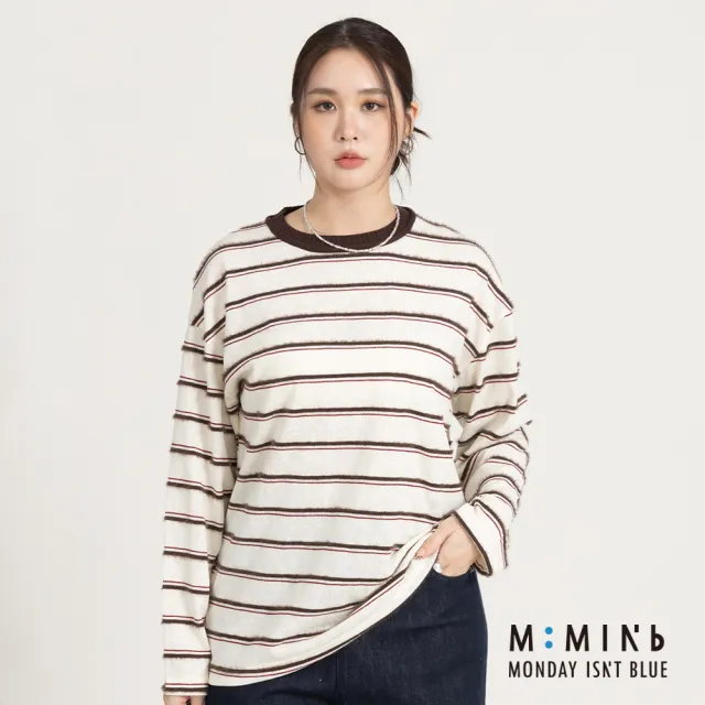 【M：MINb】配色毛絨條紋長袖T恤(深咖/中大尺碼女裝/XL女裝/女裝/大尺碼上衣/大尺碼T恤)
