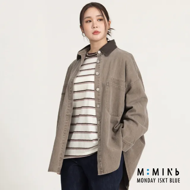 【M:MINb】巴恩風皮質翻領牛仔襯衫外套(深咖/中大尺碼女裝/XL女裝/女裝/大尺碼上衣/巴恩風/大尺碼外套)