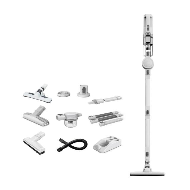 TiDdi 鈦迪 S360 無線直立式吸塵器，專為除蟎與清潔設計，白色系輕巧外型，中國原廠生產。採用無線電池供電，2600mAh 電池容量，充電 4 小時使用長效。集塵桶容量 0.3L 氣旋式可洗淨集塵筒，2kg 總重主機僅 0.85kg，適合木質地板與地毯。配件齊全包含木質地板吸頭、地板/地毯兩用地刷、床墊吸頭、伸縮軟管等，支援吹風功能。1 年保固、BSMI 認證 R3C707，標準配備主機、延長管、充電底座，高效除蟎吸塵器首選！