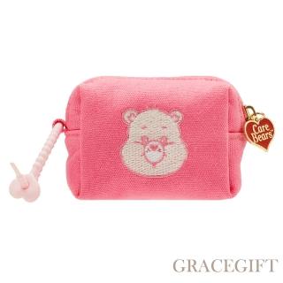 【Grace Gift】Care Bears-鑽石小熊電繡格紋吊飾零錢包(桃紅)