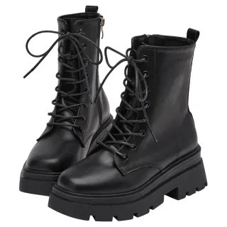 【Grace Gift】叛逆潮流方頭鬆糕厚底綁帶靴(黑)