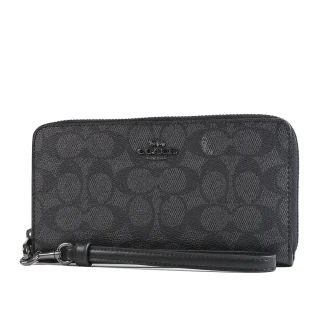 【COACH】緹花LOGO防刮皮革手掛式拉鍊長夾-灰黑