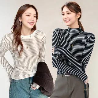 【Amore】加價購-秋冬暖膚感半高領保暖經典條紋長袖上衣4色M-XXL(秋冬保暖百搭上衣/圓領/半高領)