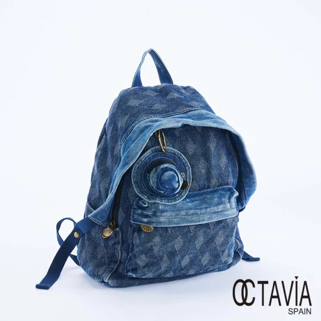 【OCTAVIA 8】雙11 藍小帽 菱格緹花牛仔後背包 - 層次藍(後背包 牛仔後背包 附帽子吊飾)