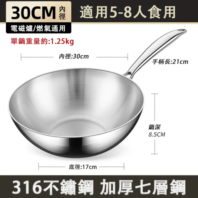 【巧可】316加厚不鏽鋼炒菜鍋 煎炒鍋 不沾鍋 炒鍋 互通專用無塗層炒菜鍋 30cm無蓋