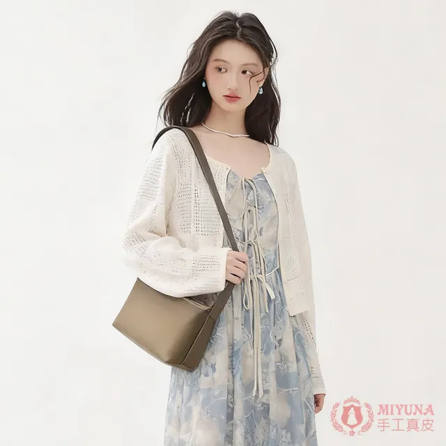 【MIYUNA 米友娜】真皮頭層牛皮Niki簡約枕頭包肩背斜背包(真皮包包 大象灰)