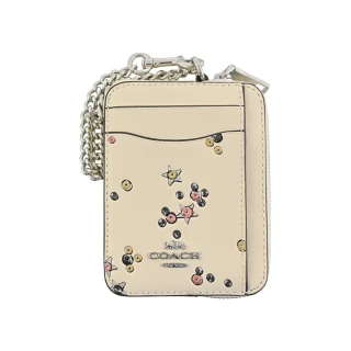 【COACH】皮革鏈帶方型卡夾零錢包(金銀星星亮粉燙印/白堊色)
