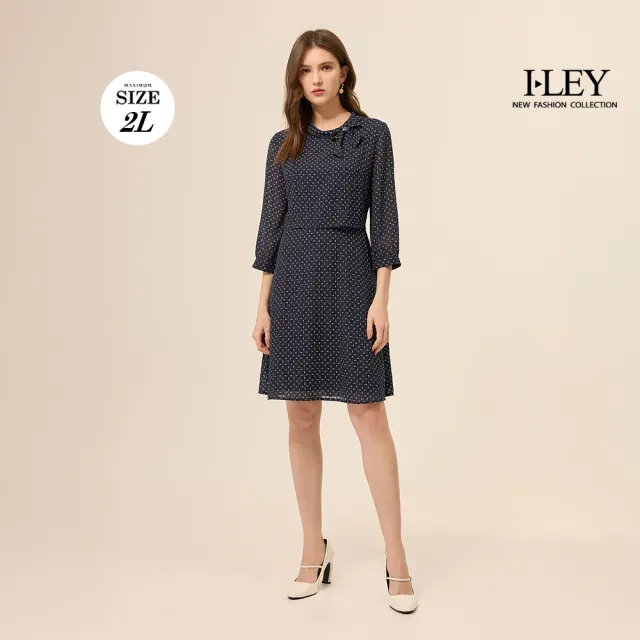 【ILEY 伊蕾】格紋波點活片珠鑽七分袖洋裝(深藍；M-2L；1253077007)