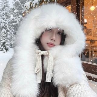 【HaNA 梨花】冬季童話感雪地長耳兔 Bunny Hood 毛絨絨皮草兔耳毛帽(兔耳 毛帽 冬季 皮革 毛茸茸)