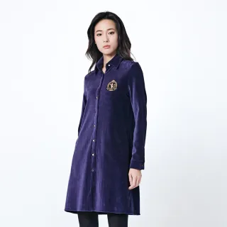 【KeyWear 奇威名品】襯衫領開襟刺繡A-Line長袖洋裝(深藍色)