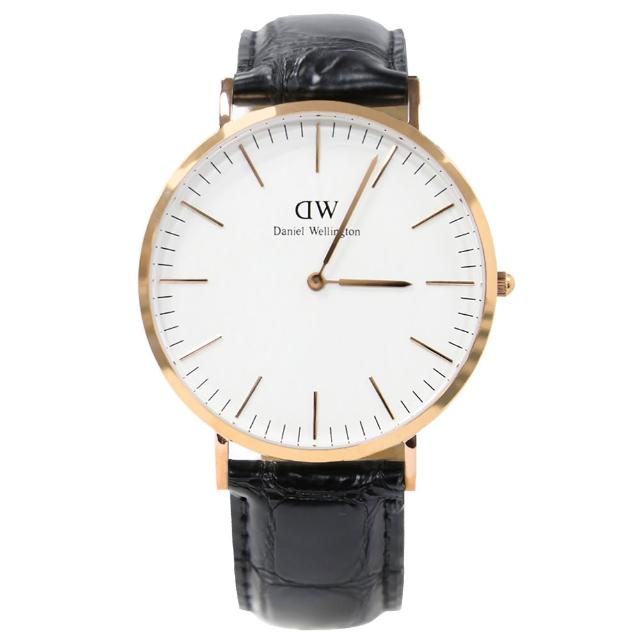 【Daniel Wellington】時尚極簡風黑色壓紋皮帶石英腕錶-金框/40mm(0114DW)