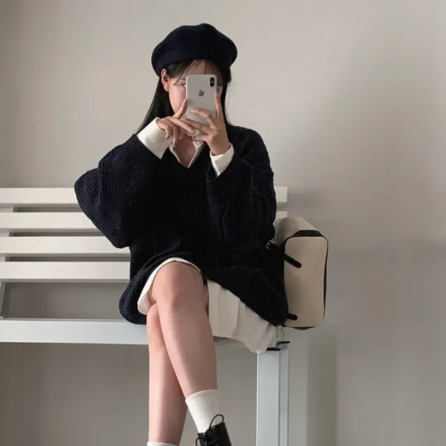 【D.studio】韓版簡約麻花寬鬆毛衣(針織上衣長袖上衣保暖上衣 冬天女裝 秋冬女裝發熱衣長袖t恤W354)