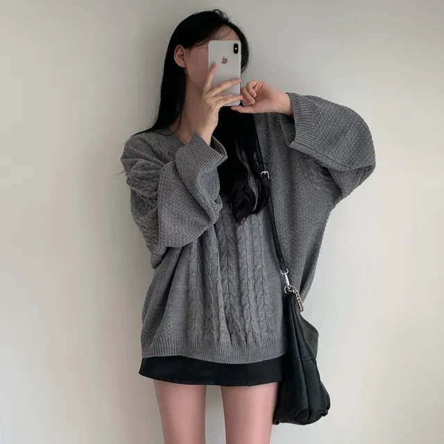 【D.studio】韓版簡約麻花寬鬆毛衣(針織上衣長袖上衣保暖上衣 冬天女裝 秋冬女裝發熱衣長袖t恤W354)