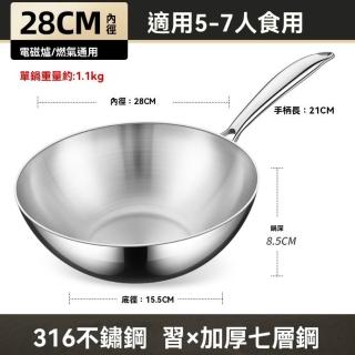 316不鏽鋼炒鍋 無塗層炒菜鍋 中式炒鍋 不粘鍋 平底鍋 ih爐可用鍋(28cm無蓋款 導熱均勻 抗刮耐磨)