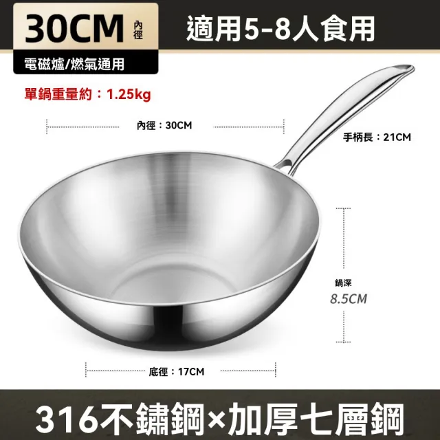 【佳美多】鍋 炒鍋 電磁爐通用 316不鏽鋼 壹人食 平底炒菜鍋 無塗層不粘小炒鍋 無蓋(小炒鍋 30cm無蓋)