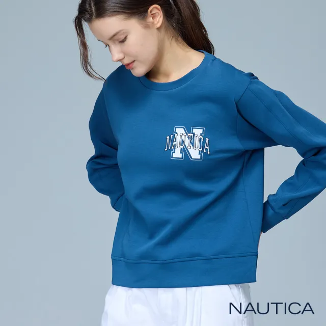 【NAUTICA】官方旗艦 女裝 品牌LOGO短版長袖T恤(藍色)