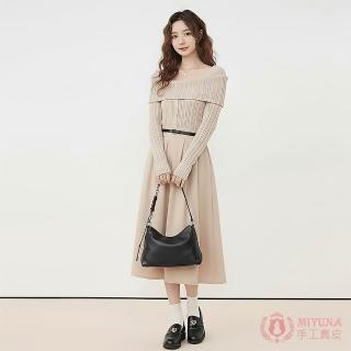 【MIYUNA 米友娜】真皮頭層牛皮柔軟細緻HOBO托特包手提肩背斜背包(真皮包包 經典黑)