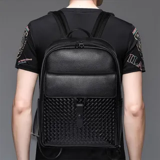【A&L 紳士館】交換禮物 真皮/頭層牛皮Vittorio編織紋休閒商務後背包-V0396(真皮包包 尊爵黑)