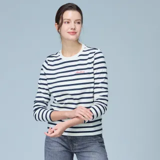 【NAUTICA】官方旗艦 女裝草寫品牌LOGO條紋長袖T恤(藍白色)