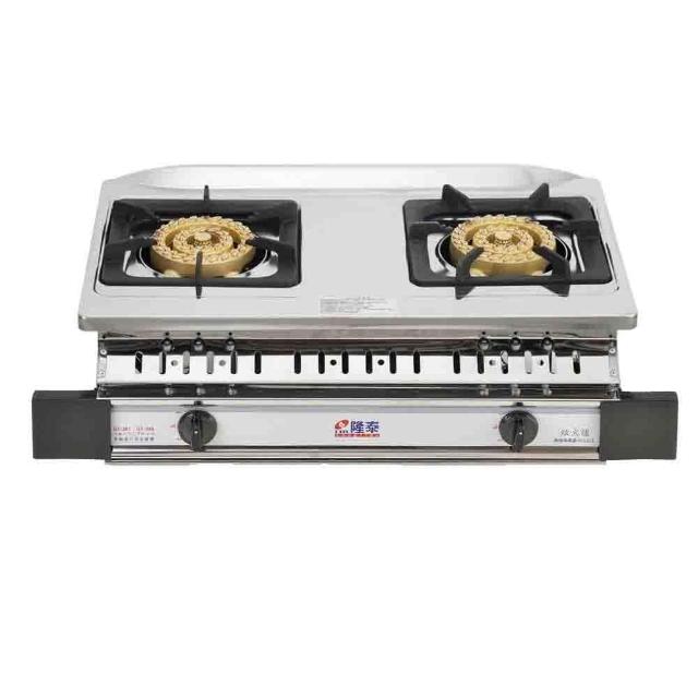 隆泰牌 GT-396 雙口爐採用優質不鏽鋼材質，支援天然氣瓦斯使用，壓轉式點火設計便利安全，適合嵌入式廚房安裝，提供高效燃燒與1年完整保固，理想的雙口爐選擇，讓您的烹飪更輕鬆。