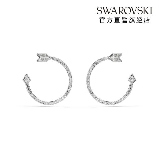 【SWAROVSKI 施華洛世奇】官方直營 Idyllia 箭頭大圈耳環 混合式切割 白色 鍍白金色