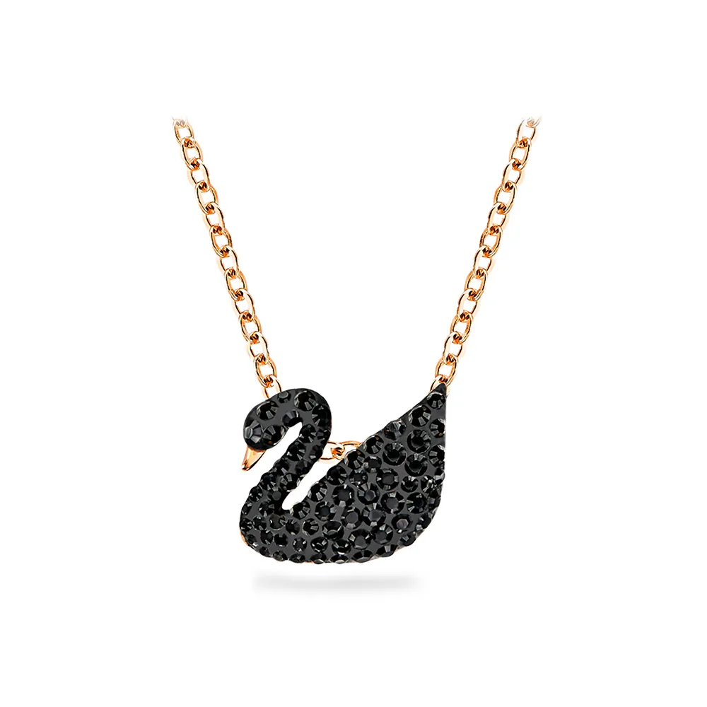 【SWAROVSKI 施華洛世奇】官方直營 Swan 黑色天鵝鏈墜 鍍玫瑰金色調 | 5204134