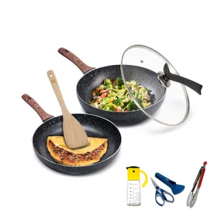 【CookPower 鍋寶】原礦大理石不沾鍋雙鍋四件組30cm-IH/電磁爐適用(30炒+30煎+蓋+鏟)