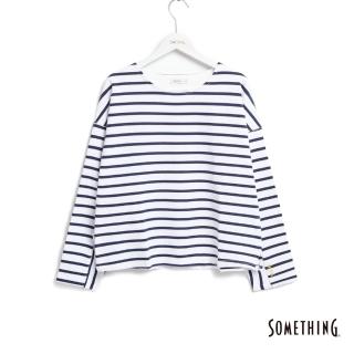 【SOMETHING】女裝 條紋剪裁長袖T恤(白色)