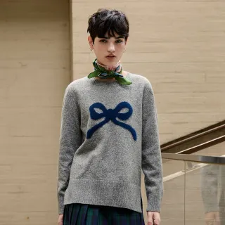 【ILEY 伊蕾】蝴蝶結緹織保暖羊毛針織上衣(灰；M-2L；1254405022)