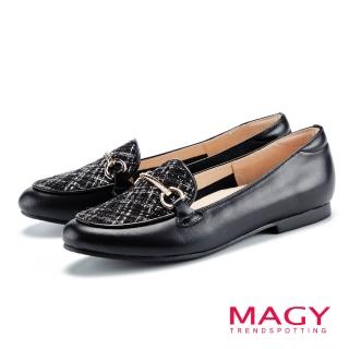 【MAGY】馬銜釦牛皮樂福平底鞋(壓紋黑)