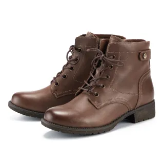 【MAGY】打蠟牛皮綁帶低跟軍靴風短靴(咖啡)