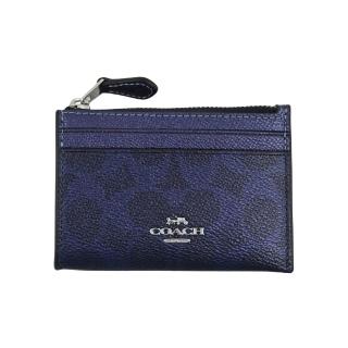 【COACH】C LOGO PVC拼接素面皮革前卡夾鑰匙零錢包(金屬珠光/海軍藍)