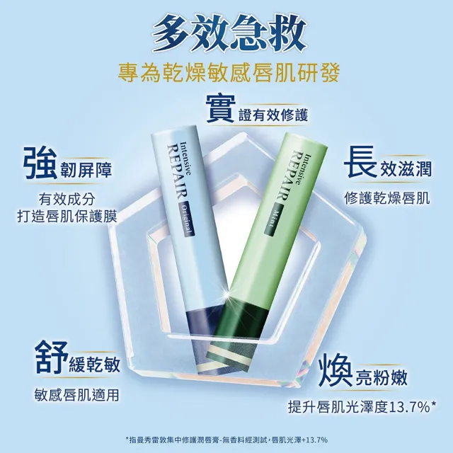 【曼秀雷敦】集中修護潤唇膏3.3g 3入 無香料/薄荷(菸鹼醯胺 溫和保濕 舒緩修護)