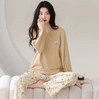 【Chic Chic 琪琪】1套組-長袖休閒帶胸墊碎花純棉睡衣(寬鬆舒適/居家服套裝/女睡衣)