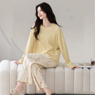 【Chic Chic 琪琪】1套組-長袖時尚帶胸墊休閒純棉睡衣(寬鬆舒適/居家套裝/睡衣套裝/女睡衣)